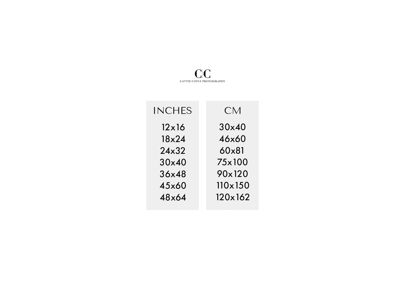 12x16 - 48x64 Inches to cm art size conversion chart | Cattie Coyle Photography