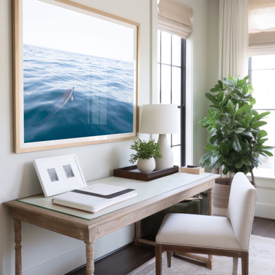 Dolphin wall art by Cattie Coyle Photography above desk in home office