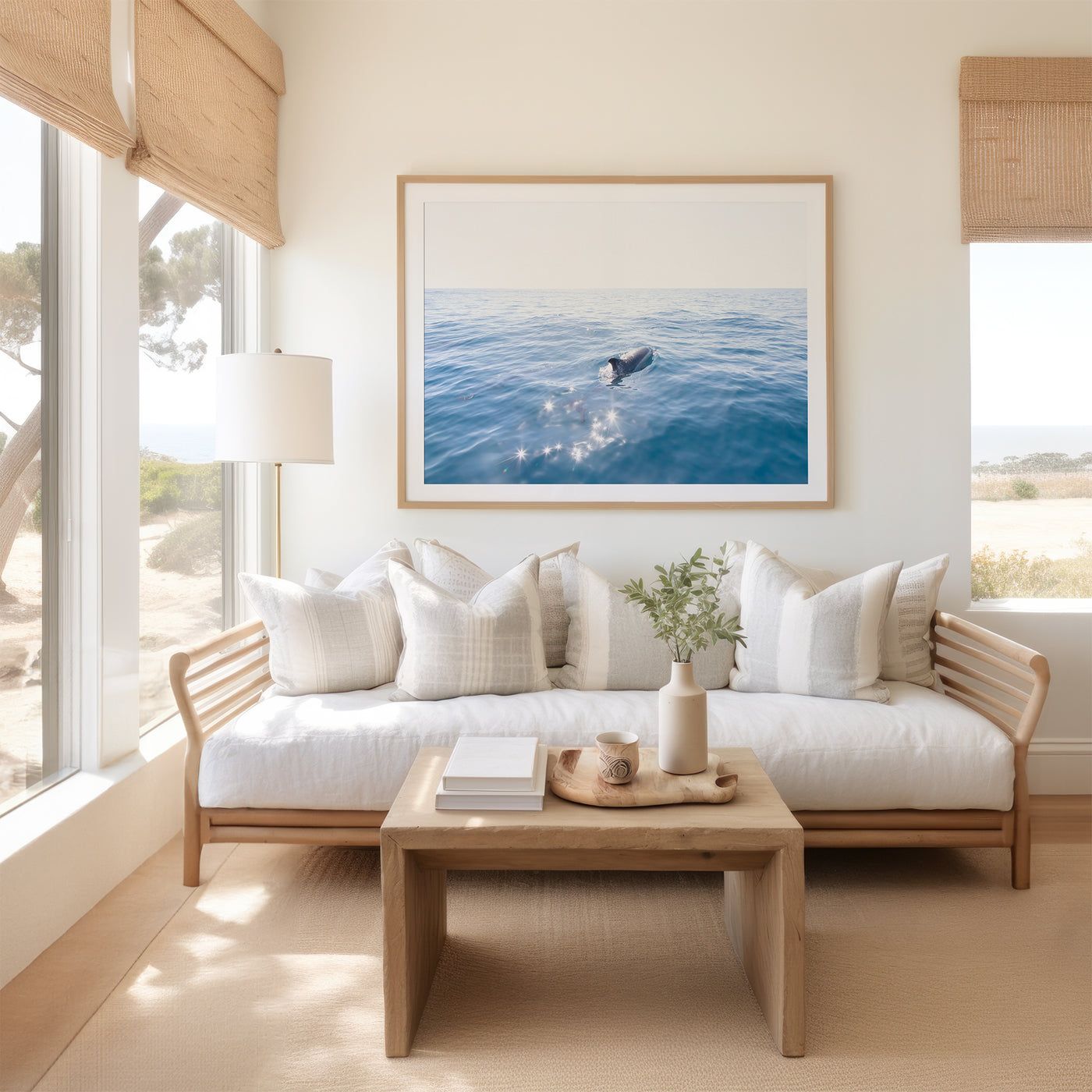 Dolphins art print by Cattie Coyle Photography above couch in coastal living room