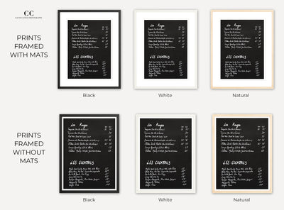 Framed wine menu prints by Cattie Coyle Photography