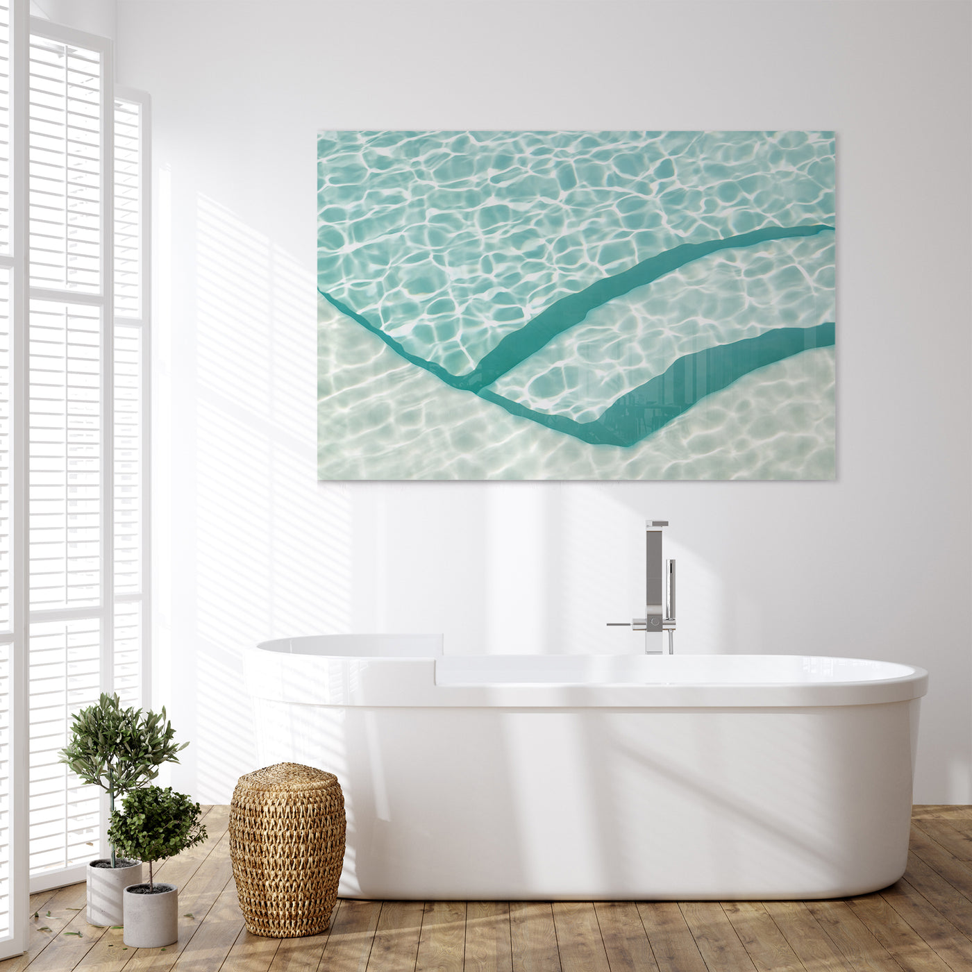 Oversized Glass Wall Art by Cattie Coyle Photography in bathroom