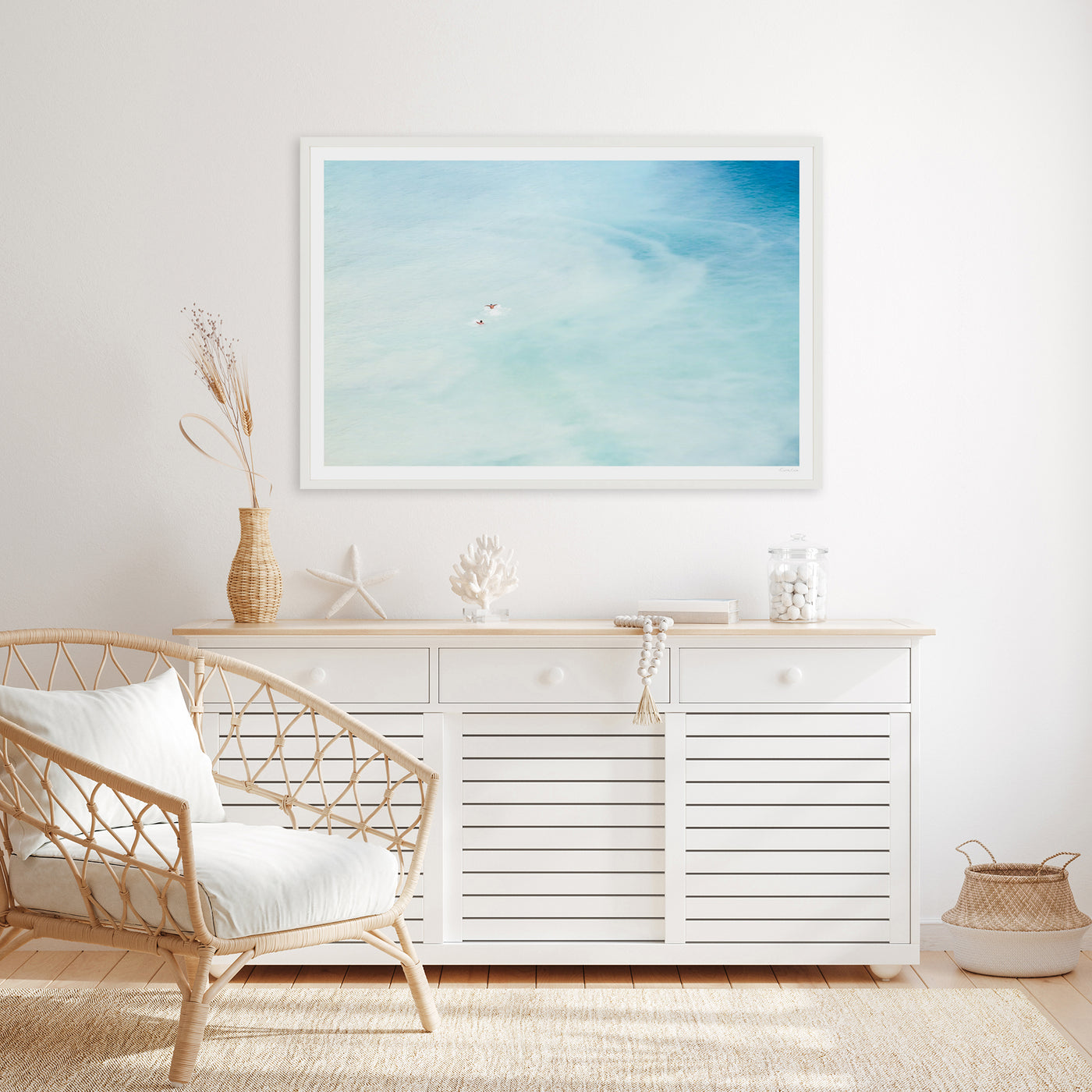 Swimming art print by Cattie Coyle Photography in beach house living room