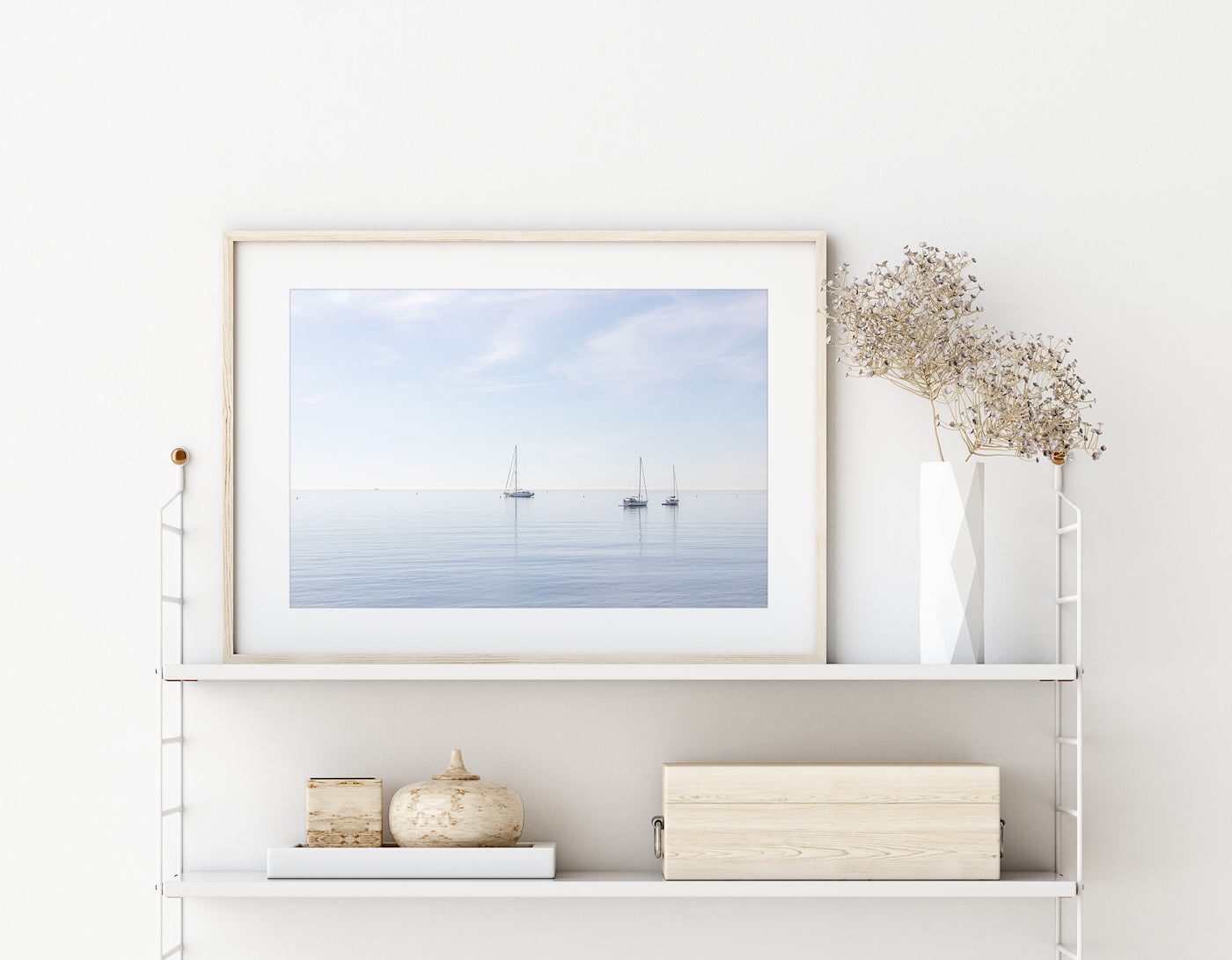 Boats No 6 - Peaceful art print by Cattie Coyle Photography on shelf