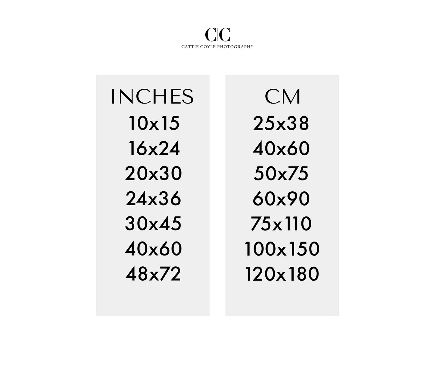 Inches to cm art size conversion chart by Cattie Coyle Photography