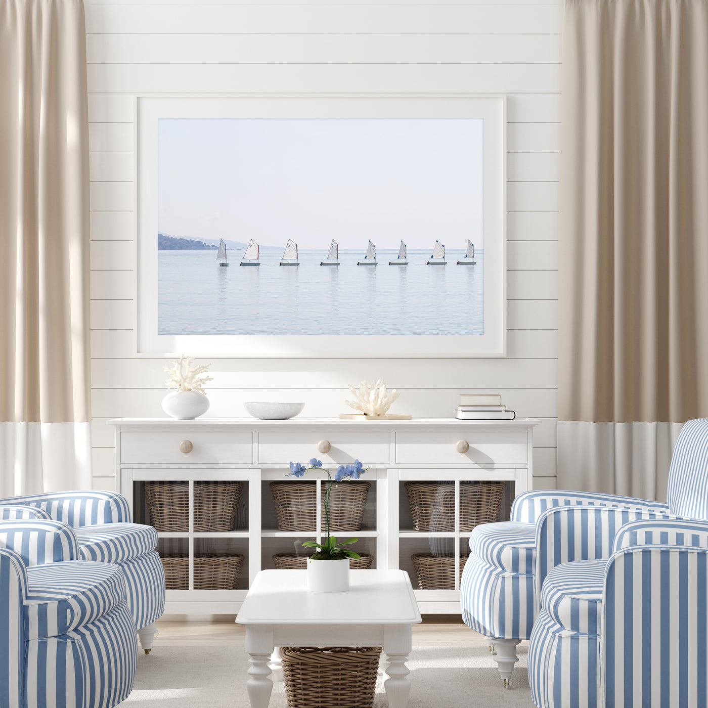 Sail boat art print by Cattie Coyle Photography in living room