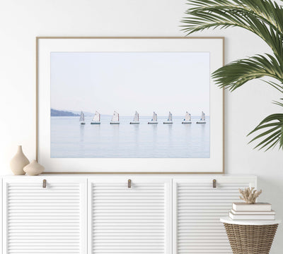 Sail boat art print by Cattie Coyle Photography on dresser