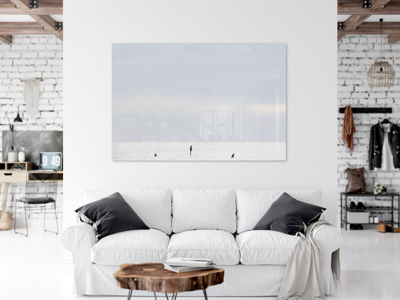 Surfing No 3 - Plexiglass art print by Cattie Coyle Photography above couch